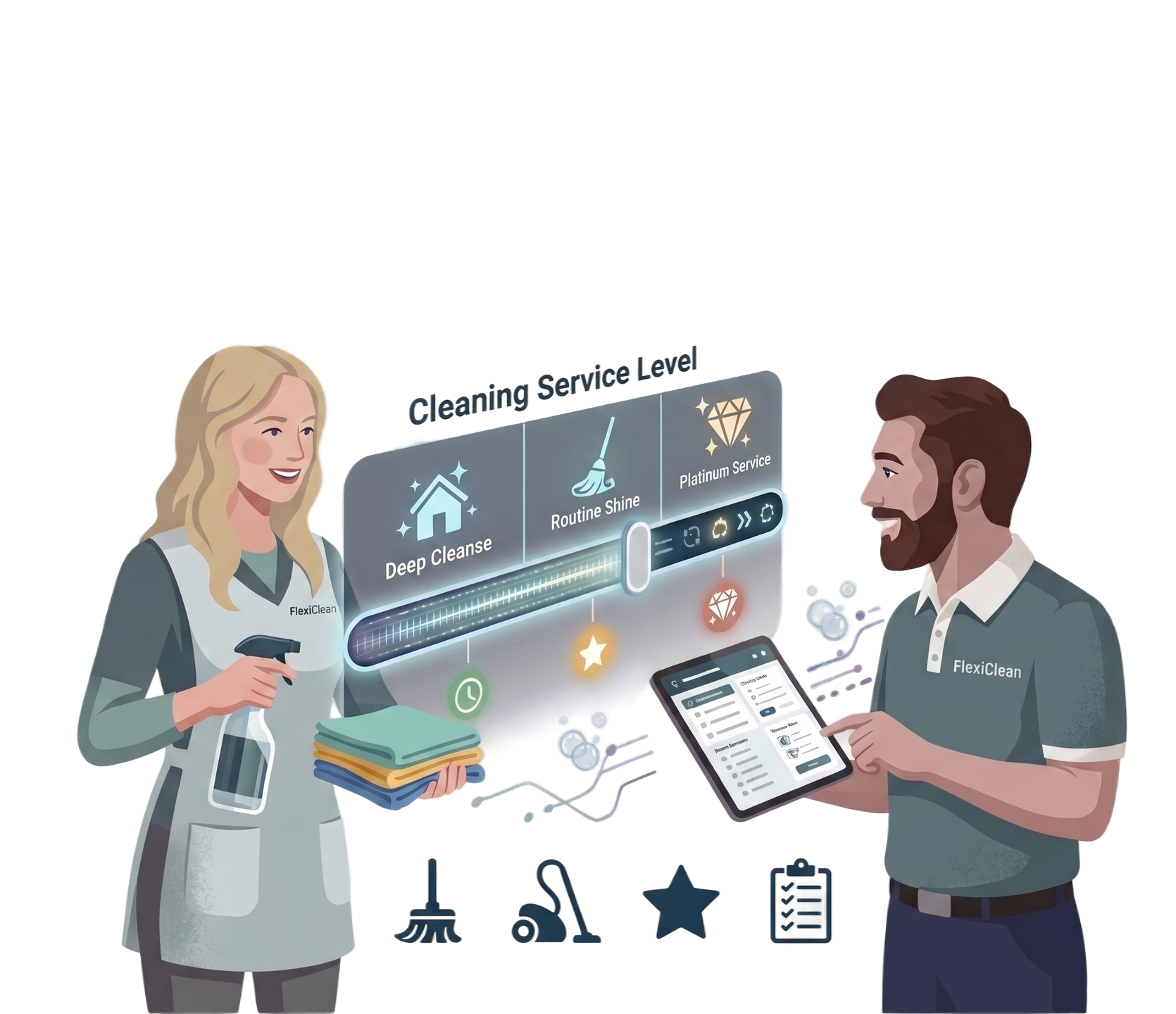Two cartoon caracthers discussing a cleaning service level.
