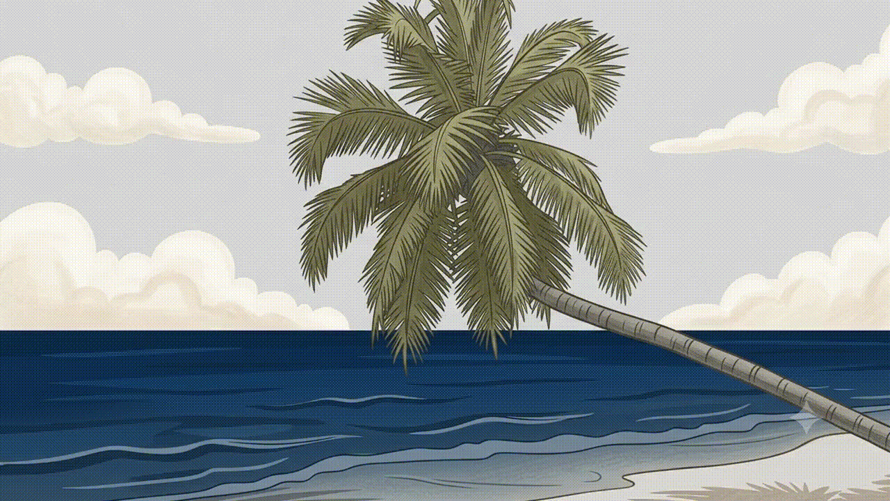 A cartoon image with a palm tree on a beach and after a few second a couple come out of the water in the distance.