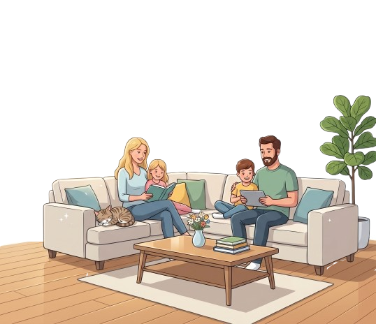 A cartoon image of a straight couple and their two kids a boy and a girl sitting and relaxing in the living room and two pets a cat and a dog.